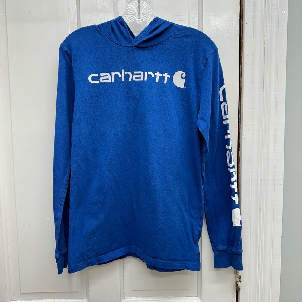 Carhartt hooded long‎ sleeve t shirt blue youth boys large 14 16